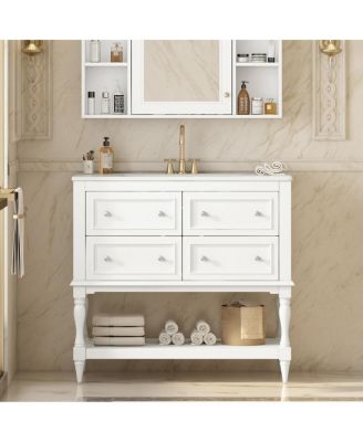 36" Modern Bathroom Vanity with Ceramic Sink, Freestanding Solid Wood Cabinet, 4 Drawers & Storage Shelf