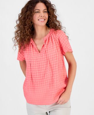 Women's Seersucker Split-Neck Flutter Sleeve Top