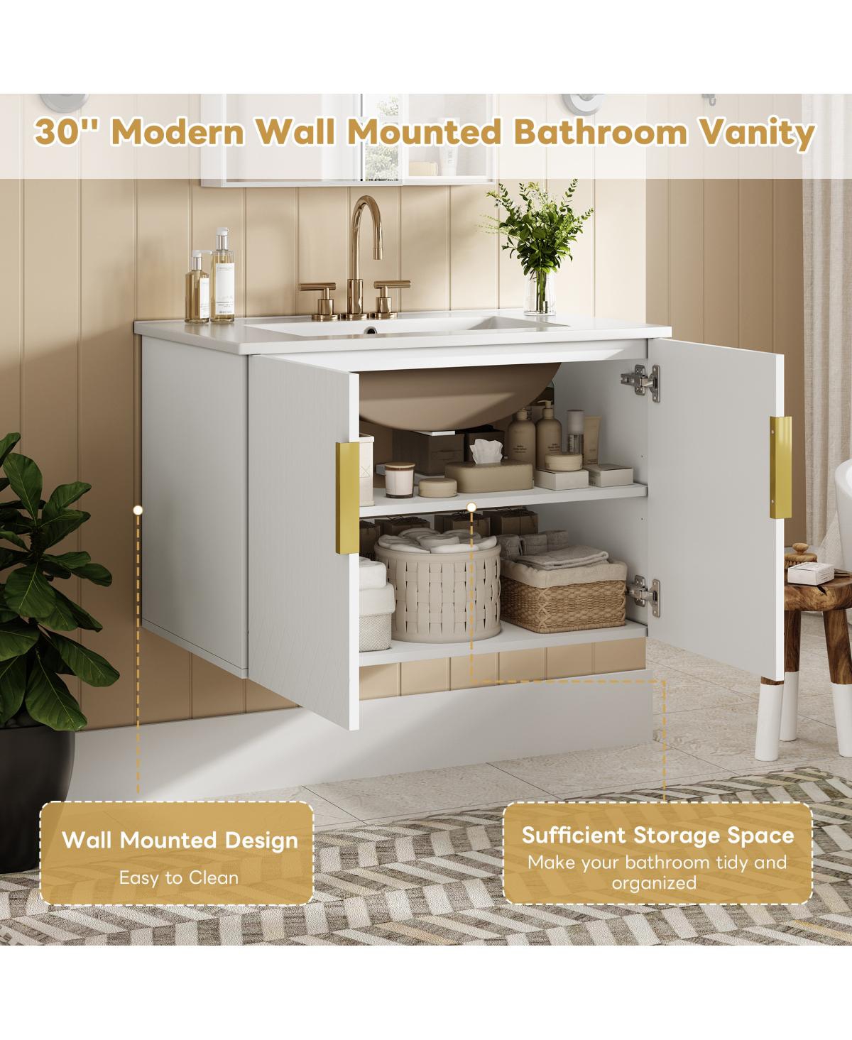 Sillysis 30" Wall Mounted Bathroom Vanity with Sink, Modern Striped Cabinet Adjustable Storage & Ceramic Basin for Small Bathrooms