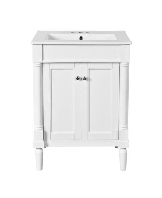24" Bathroom Vanity with Ceramic Sink, Modern Solid Wood Cabinet & Ample Storage for Small Spaces