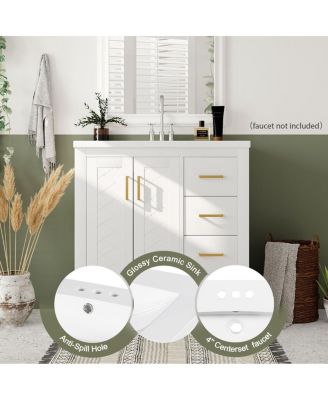 30" Bathroom Vanity with Ceramic Sink, 3 Drawers & Soft Close Doors, Solid Wood Cabinet for Ample Storage