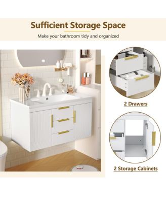 36" Wall Mounted Bathroom Vanity with Resin Sink, Modern MDF Cabinet, Double Drawers & Storage for Small Bathrooms