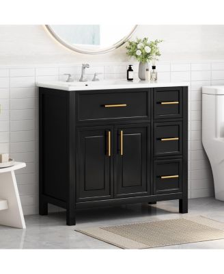 36" Bathroom Vanity with Left Ceramic Sink, Solid Wood & MDF Cabinet, Ample Storage Drawers, Modern Freestanding