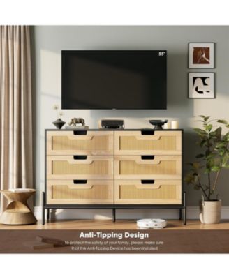 Rattan 6 Drawer Dresser with Metal Legs, Wooden Storage Chest for Living Room