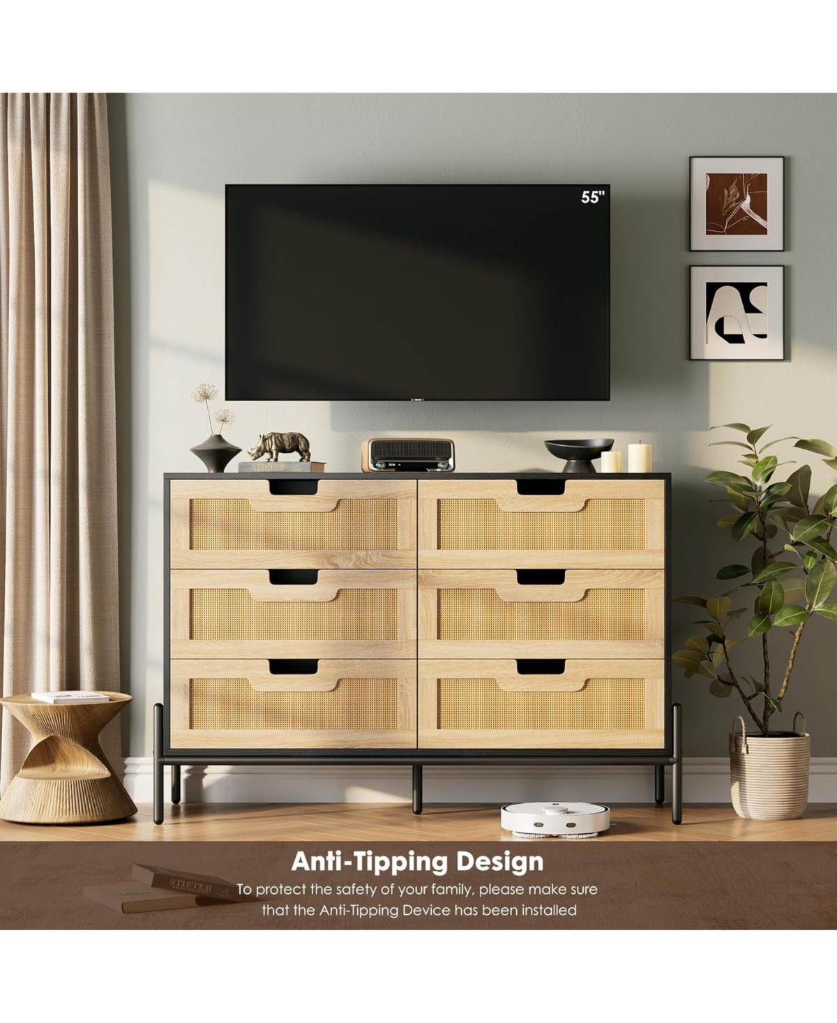 Gaomon Rattan 6 Drawer Dresser with Metal Legs, Wooden Storage Chest for Living Room