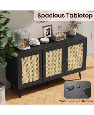 Rattan Storage Cabinet with 3 Doors, Boho Sideboard Buffet Cabinet Wood Farmhouse Credenza Cabinet