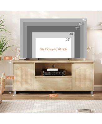 Rattan TV Stand for 70 Inch TV, Boho TV Entertainment Center, Wooden TV Console with Drawer and 2 Cabinets, Media Console Cabinet