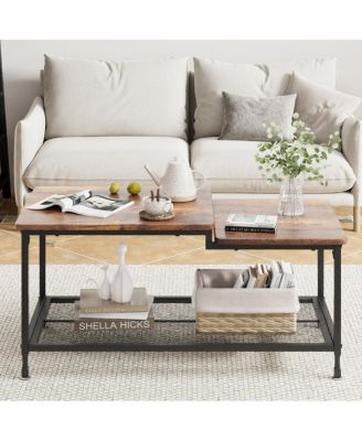 Coffee Table Industrial Living Room Table 2-Tier Rustic Center Table with Mesh Shelf Rectangle Storage Cocktail Table Metal Frame