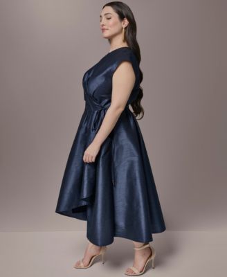 Plus Size Shantung Fit And Flare V-Neck Wrap Dress