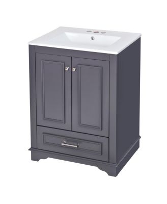 24" Bathroom Vanity with Ceramic Sink, Modern Freestanding Cabinet with Drawer & Soft Closing Doors, Solid Wood MDF Storage
