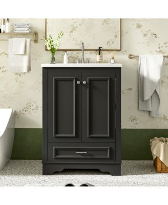 24" Bathroom Vanity with Ceramic Sink, Modern Freestanding Cabinet with Drawer & Soft Closing Doors, Solid Wood MDF Storage