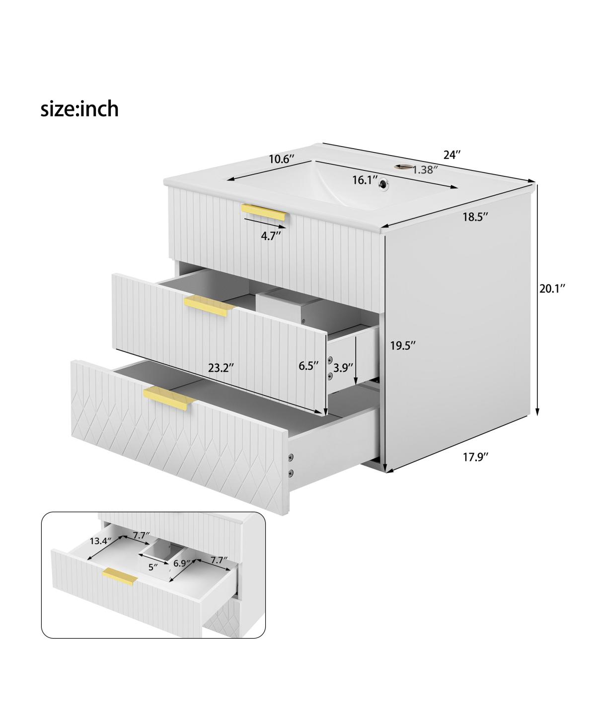 Sillysis 24"Wall Mounted Bathroom Vanity with Ceramic Sink & Double Drawers, Stripe Design for Small Bathrooms