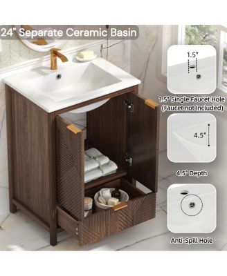 24" Bathroom Vanity with Ceramic Sink, Modern Solid Wood Cabinet & Textured Door for Small Spaces