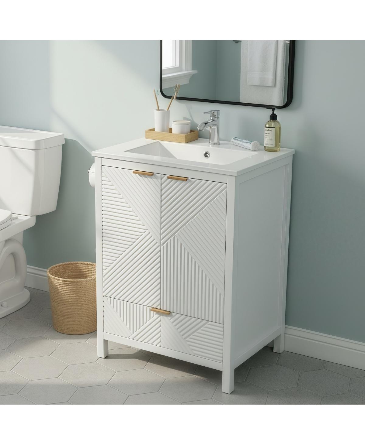 Sillysis 24" Bathroom Vanity with Ceramic Sink, Modern Solid Wood Cabinet & Textured Door for Small Spaces