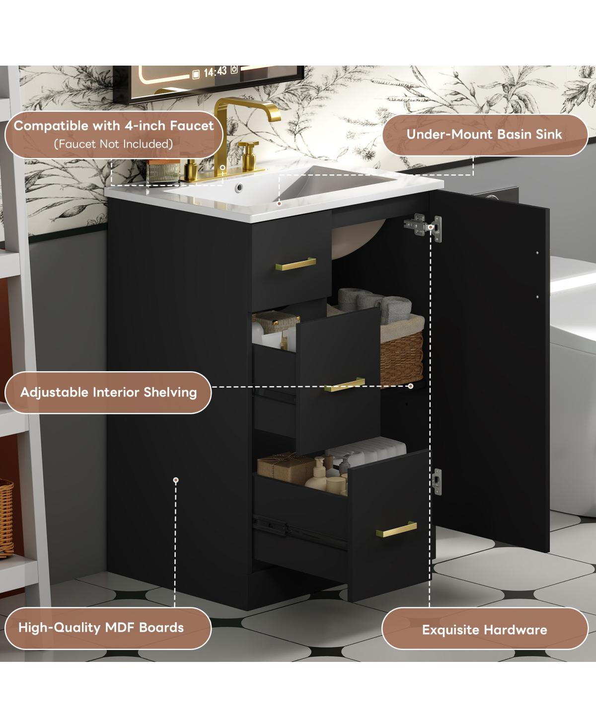 Sillysis 24" Modern Bathroom Vanity with Sink, Small Freestanding 2 Drawers and Soft Close Door
