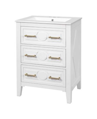 24 Inch Bathroom Vanity with Ceramic Sink, Retro Solid Wood Cabinet, 3 Soft Close Drawers for Small Bathrooms