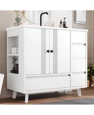 36" Bathroom Vanity with Sink, Solid Wood Cabinet, 4 Drawers and Side Storage for Small Bathrooms