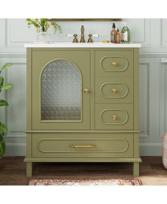 30" Freestanding Bathroom Vanity with Sink, Solid Wood Bathroom Cabinet with Arched Door for Small Bathrooms