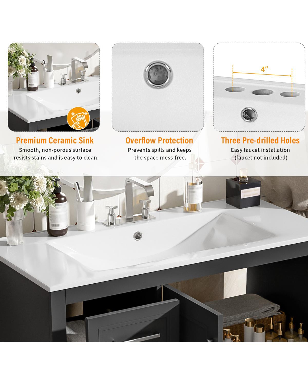 Sillysis 36" Modern Bathroom Vanity with Ceramic Sink, Solid Wood Frame & Soft Close Drawers for Small Spaces