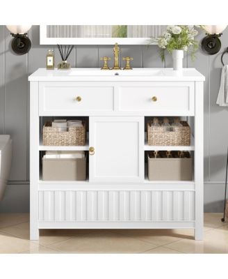 36" Bathroom Vanity with Sink, Vintage Solid Wood Cabinet with Drawers and Open Shelves for Modern Bathrooms