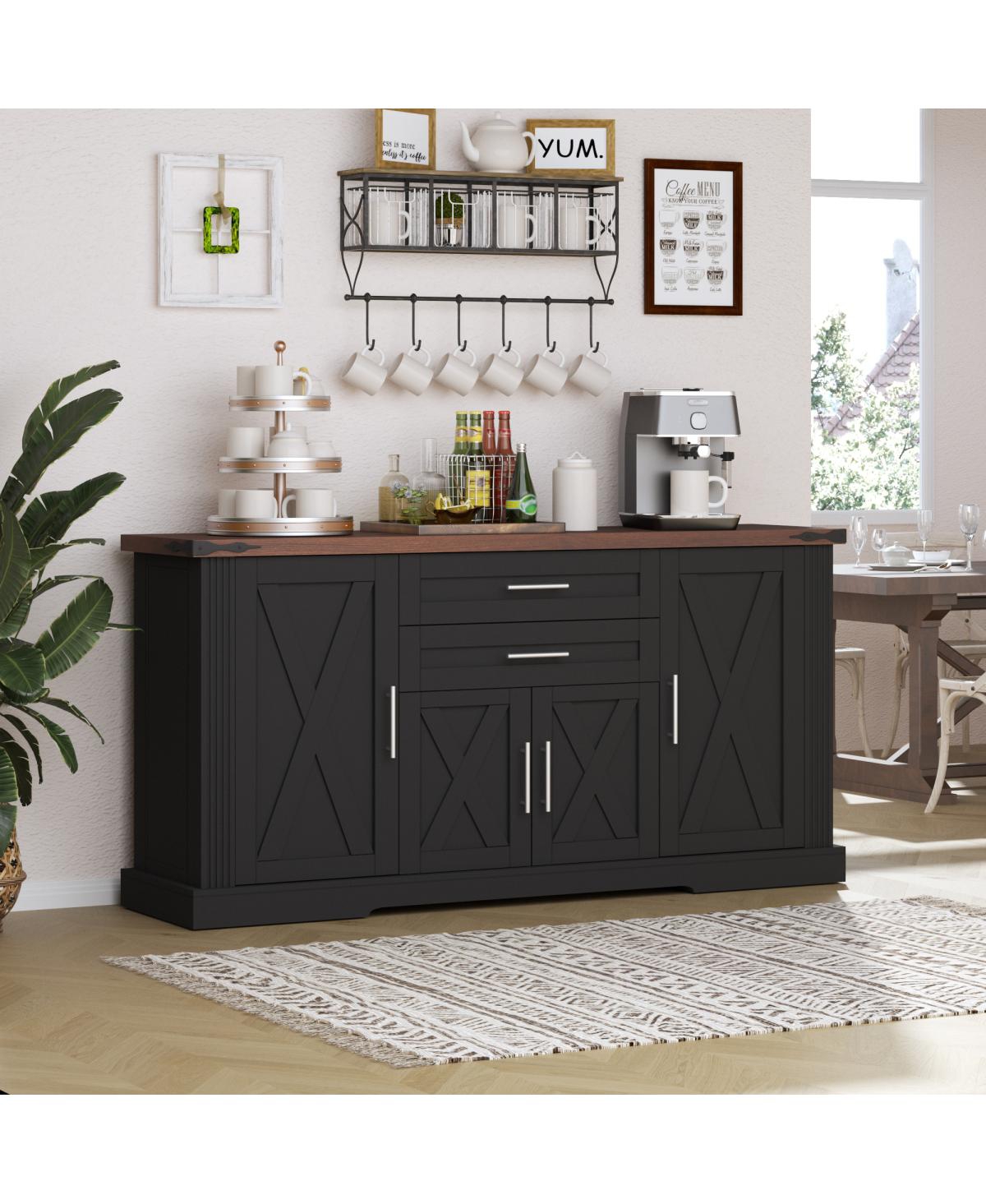 Streamdale Furniture 63" Farmhouse Barn Door Storage Cabinet with 2 Drawers & Door Rack