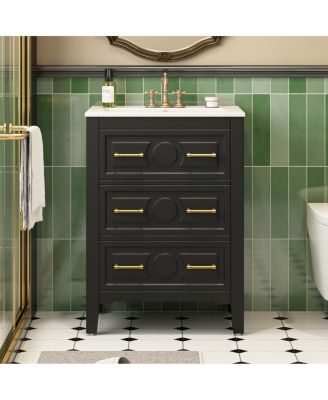 24 Inch Bathroom Vanity with Ceramic Sink, Retro Solid Wood Cabinet, 3 Soft Close Drawers for Small Bathrooms