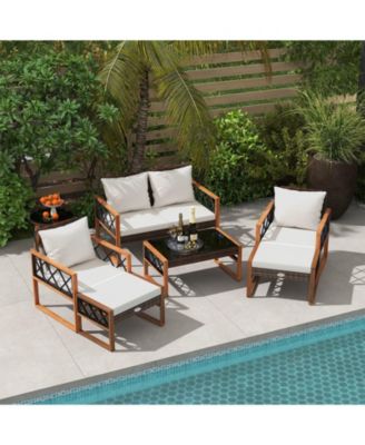 7 PCS Patio PE Wicker Furniture Set with Ottomans Cushions and Tables Chair Couch