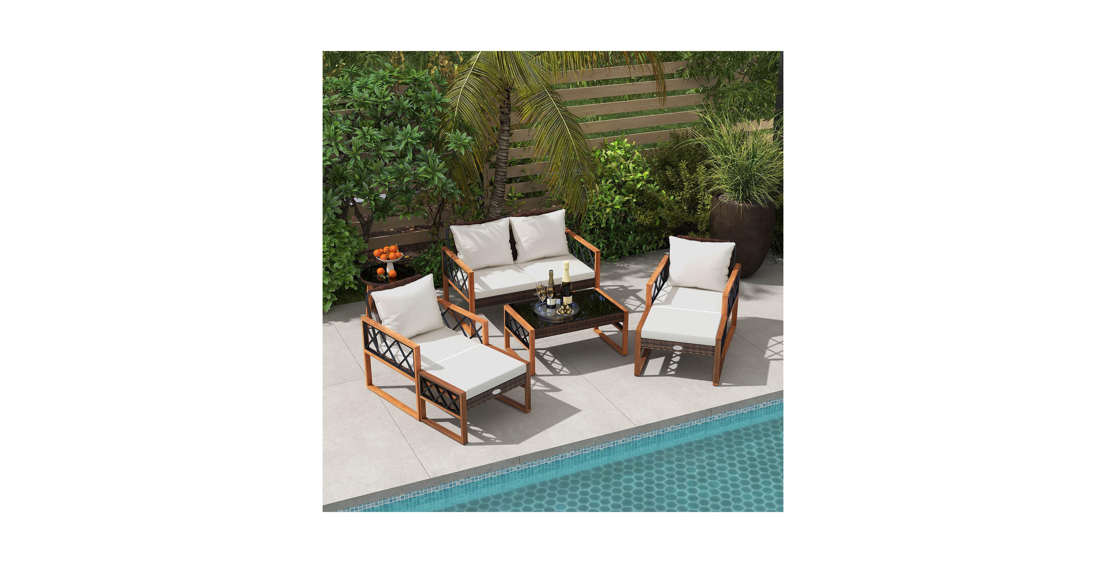 Costway 7 Pcs Patio Pe Wicker Furniture Set with Ottomans Cushions and Tables Chair Couch