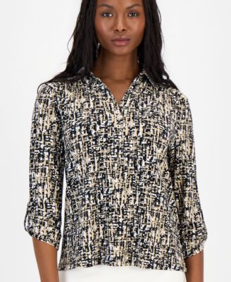 Petite Printed Collared 3/4-Sleeve Top