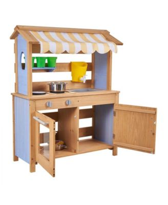 Outdoor Wooden Mud Kitchen for Kids with Sink, Canopy & Tools