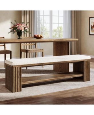 63" Solid Wood Dining Bench, Farmhouse Upholstered End of Bed Bench with Removable Faux Lambswool Cushion,Indoor Long Entryway Bench
