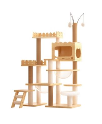 66.9" Modern Wood Cat Tree with Scratching Posts, Perch & Acrylic Hammock for Multi-Cat Homes