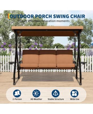3 Seat Outdoor Porch Swing, 2-in-1 Patio Swing Chair with Thickened Removable Cushions, Adjustable Canopy   Cup Holders