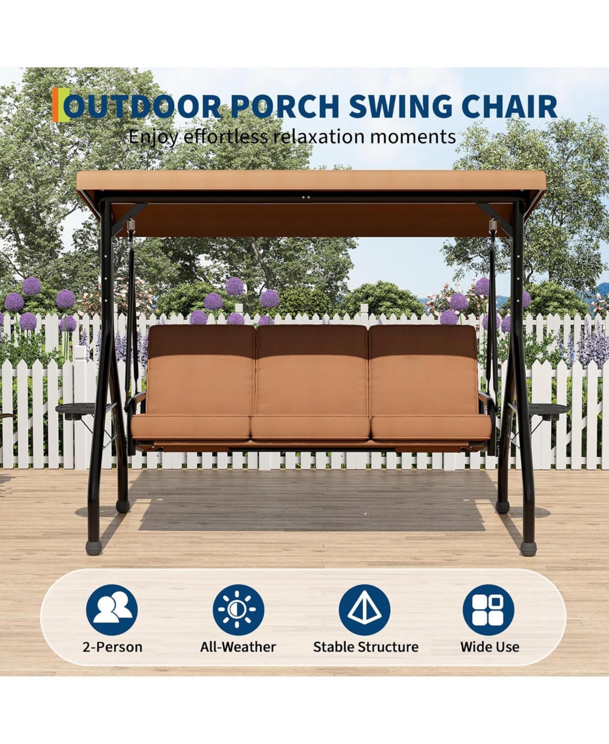 gaomon 3 Seat Outdoor Porch Swing, 2-in-1 Patio Swing Chair with Thickened Removable Cushions