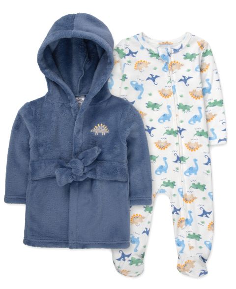 Детский комплект Baby Essentials с динозаврами для малыша: халат и ползунки, 2 предмета, цвет: Синий / Белый