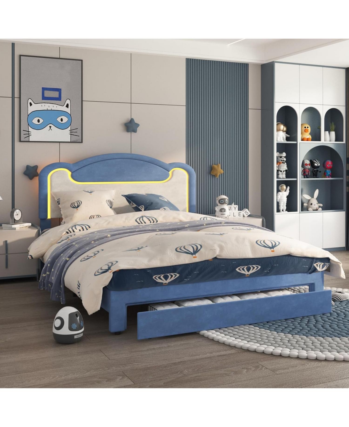 Gaomon Senfot Twin Bed Frame with Led Lights, Upholstered Fabric Headboard, Sturdy Wood Slat Support, No Box Spring Needed