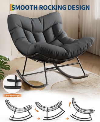 Outdoor Papasan Rocking Chair with Thick Cushion, Rattan Lounge Seat, Comfy Reading Furniture for Adults