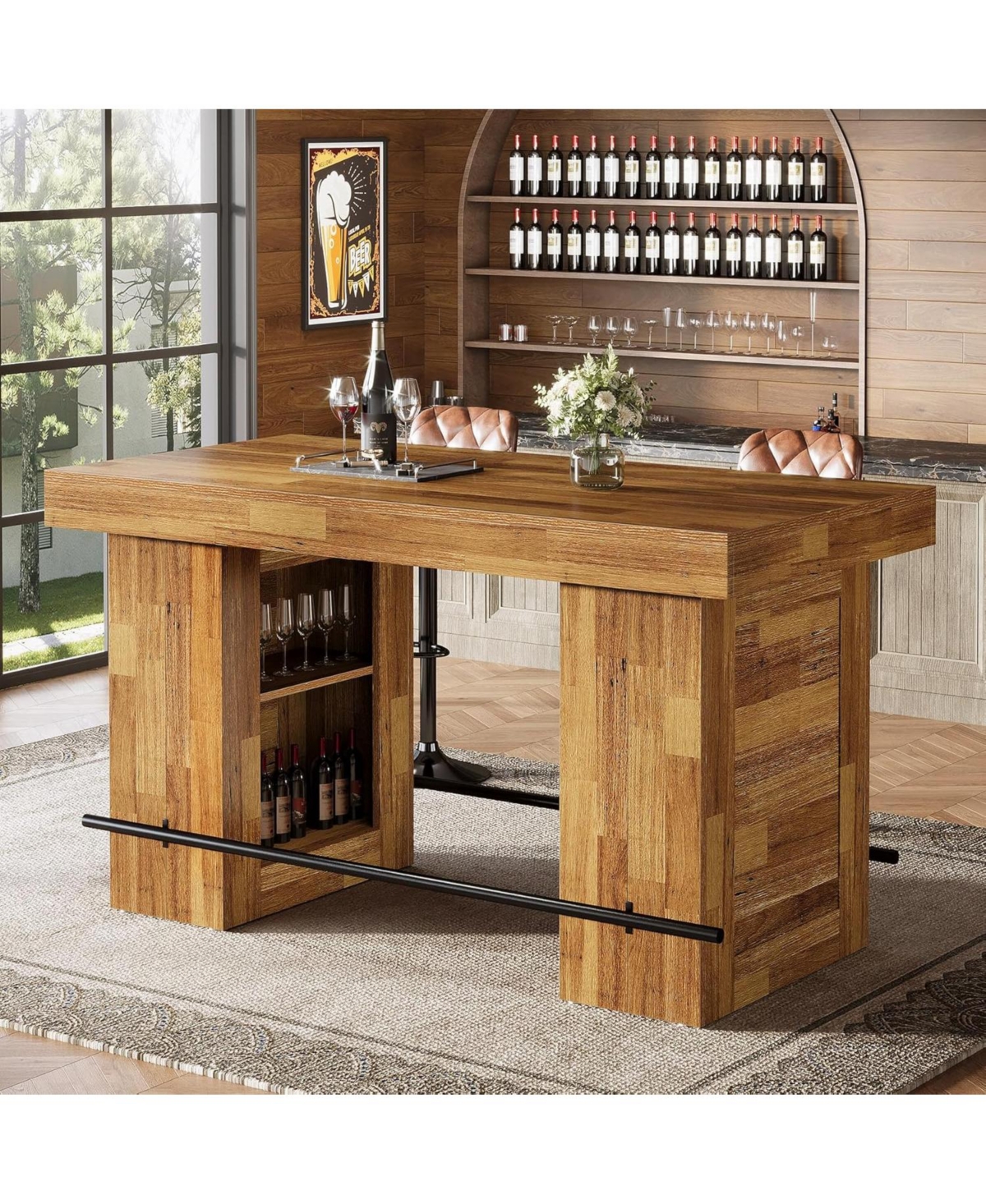 Tribesigns 63-Inch Bar Table with Storage Shelves, Counter Height Pub Table with Metal Footrest, Rectangular High Top Home Bar Units