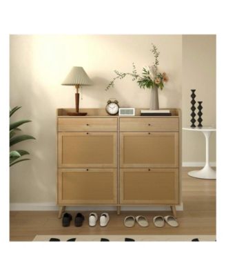 Oak Slim Freestanding Shoe Cabinet - 4 Rattan Flip Drawers + 2 Drawers Solid Wood Legs Organizer