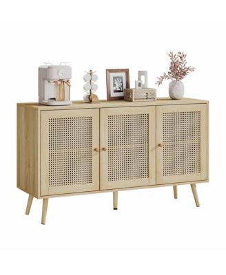 Rattan Storage Cabinet with 3 Doors, Boho Sideboard Buffet Cabinet Wood Farmhouse Credenza Cabinet