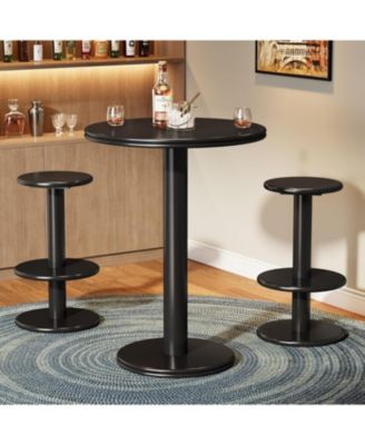 39.4" H Round Bar Table and Chairs Set, Modern Black Bistro Pub Table with 2 Barstools, Wooden Counter Height Cocktail Table