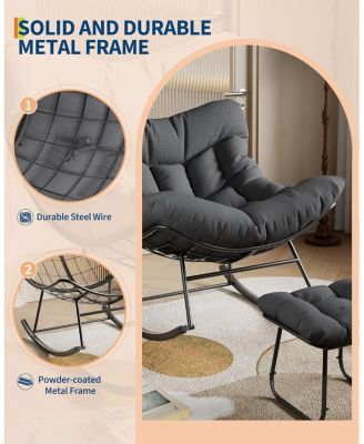 Outdoor Papasan Rocking Chair with Footrest, Oversized Lounge Chair with Ottoman and Sturdy Metal Frame