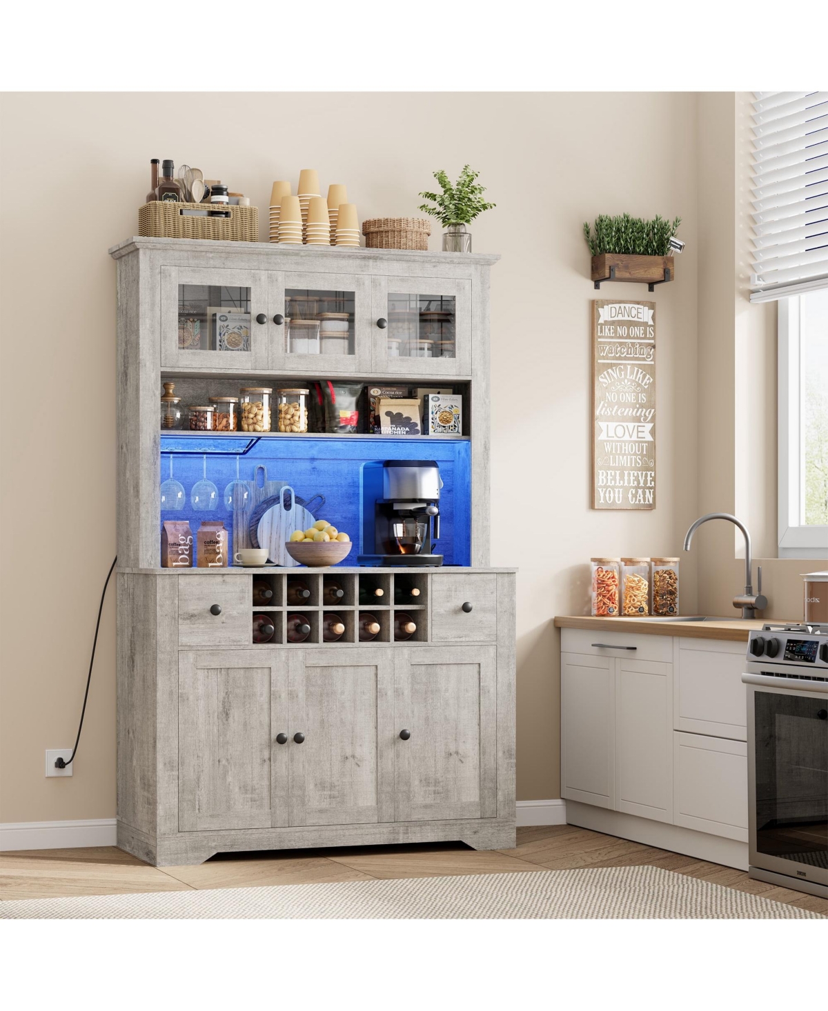 gaomon 68.7"Bar Cabinet,Kitchen Buffet with Hutch Wine with Charging Station,2 Drawers,10 Storage Shelves