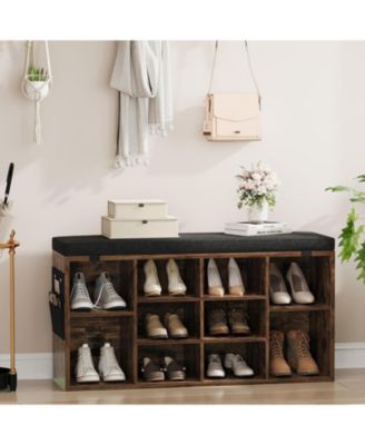 41" Padded Seat Shoe Bench - 10-Cube Storage Adjustable Shelves Side Pockets Entryway Organizer
