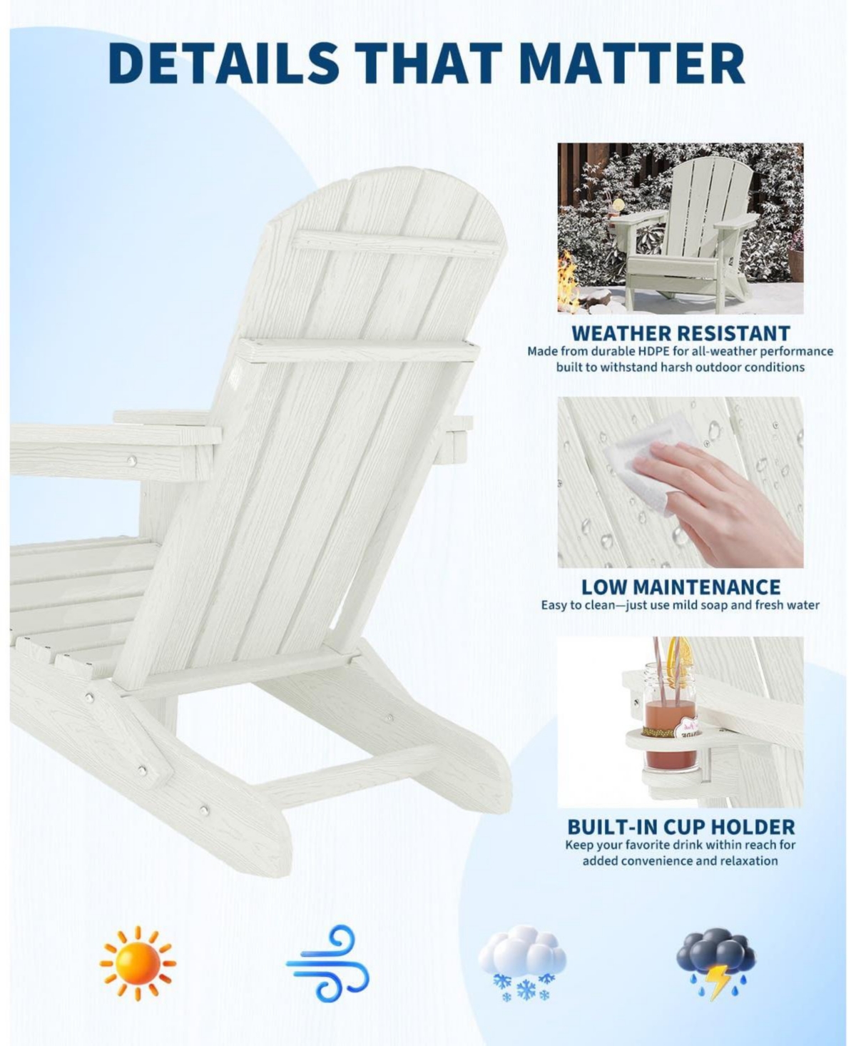 Folding Adirondack Chair Set of 4 with Ottoman, Hdpe Outdoor Patio Chair with Cup Holder, All Weather Resistent Wooden Textured for patios