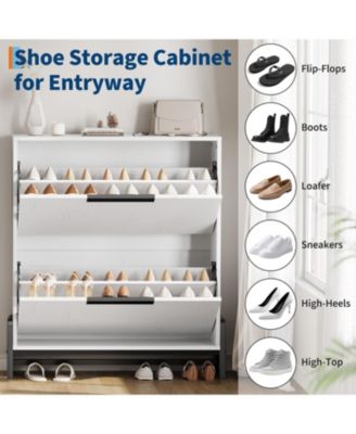 2 Flip Drawers Entryway Rack with Metal Legs Freestanding Narrow Shoe Cabinet