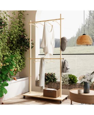 RAINSKEN Solid Wood Garment Rack, Modern Space-Saving Coat Tree, Clothes Drying Rack with 6 Hangers and Bottom Shelf for Entryway, Living Room