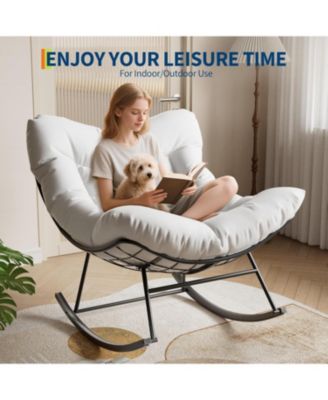 Outdoor Papasan Rocking Chair with Thick Cushion, Rattan Lounge Seat, Comfy Reading Furniture for Adults