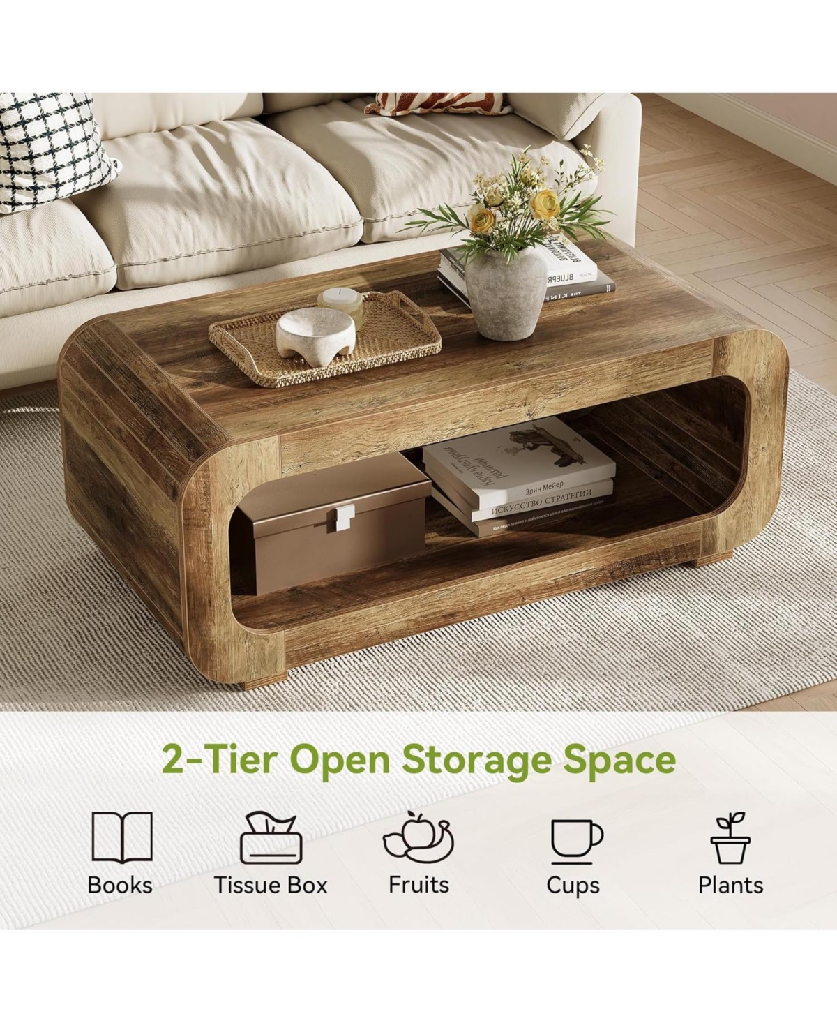 Tribesigns 2-Tier Wooden Rectangular offee Table for Living Room,47-Inch Farmhouse Accent Center Table with Open Storage, Low Cocktail Tea Table