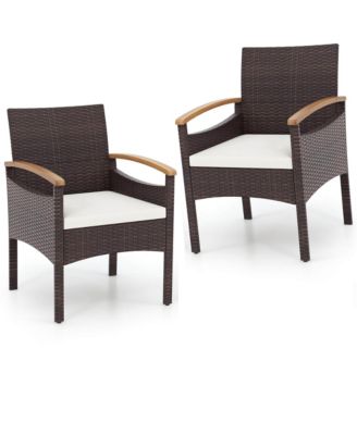 2 PCS Dining Chairs w/ Acacia Wood Armrest Heavy Duty Metal Frame Patio